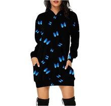 Safuny Women's Mini Hooded Loose Dress Ombre Plaid Butterfly Winter Long Sleeve Fashion Retro Crew Neck Elegant Leisure Fit Holiday Autumn Dress Blue