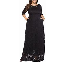 Fesfesfes Plus Size Dress For Women Hollow Lace Semi Formal Evening Dress Mother Of The Bride Wedding Guest Dress Oversized Elegant Solid Long Dress W