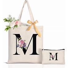 AUNOOL Personalized Initial Canvas Tote Bag Makeup Bag For Women, Monogrammed Gifts For Women Teacher Bridesmaid, Reusable Grocery Bags For Wedding