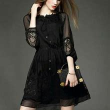 Womens Chiffon Crew Neck Spring Lace Puff Sleeve Mid Long A-Line Dress Black New