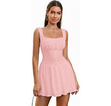 Sleeveless Ruched Ruffle Hem Lace Spliced Silp Mini Dress Pink XS