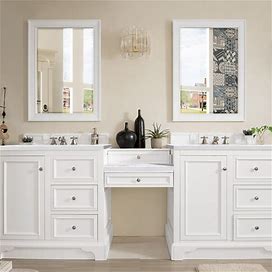 94" Double Vanity, Bright White W/ Makeup Table, Arctic Fall Solid Surface Top, Bathroom Vanities, By James Martin Vanities
