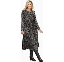 Plus Size Women's 21-Button Velour Dress By Woman Within In Black Floral Paisley (Size 30/32)