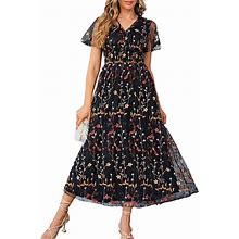 Berrygo Women's Sequin Floral Embroidery Short Sleeve Wedding Party Prom Evening Dress Mother Of The Bride Dresses