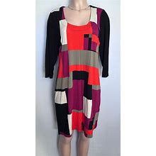 Venus Women (L) Large Shift Black Dress W/Multi Color 3/4 Sleeve Rayon