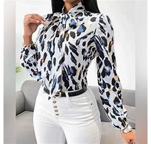 Women's Blouses Fashion Allover Print Bow Neck Blouse | Color: Black/White | Size: L