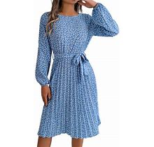 Zhaghmin Retro Floral Printed Pleated Maxi Dress For Women Summer Boho Style Long Sleeved Beach Flowy Dresses With Belt Party Dress BU1 Sizel