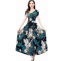 Zhizaihu Summer Long Dresses For Women A-Line Floral Print Crew Neck Short Sleeve Swing Dress Casual Party Dress Blue L