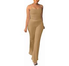Women's 2 Piece Sets Solid Color Suspender Plus Flare Pants Simple Fashion Suit Trendy Outfits Khaki XL