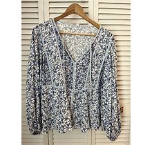 Old Navy Oversized Button-Front Mixed-Print Poet Blouse Light Blue Floral Large