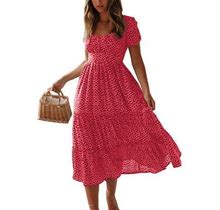 Frontwalk Women Boho Sundress Hawaiian Polka Dots Dress Puff Sleeve Long Maxi Dress Summer Casual Loose Swing Dresses Size S-2Xl