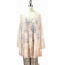 FREE PEOPLE SZ XS Cream Pink Sequin Mesh And Floral Lining Babydoll Dress $128