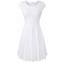 HIKA Women's Casual Elegant A Line Short Cap Sleeve Round Neck Dress (Small, White)