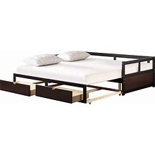 Extendable Daybed With Trundle Bed And Two Storage Drawers, Wooden Storage Daybed, Twin To King Design Extending Bed For Kids Teens Adult, No Box Spr