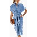 Women's Short Sleeve Lapel Button Down Denim Dress 2023 Casual Summer Belted Ruched Bodycon Midi Jean Shirt Dresses