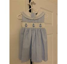 Baby Blue Striped Smocked Girls Dress 18m Nautical Anchors Brand With