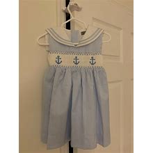 Baby Blue Striped Smocked Girls Dress 18m Nautical Anchors Brand With