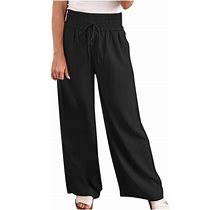 Ovbmpzd Fashion Women's Spring Summer Versatile Long Trousers Elastic Waist Solid Drawstring Lace Up Wide Leg Pants Black 3XL