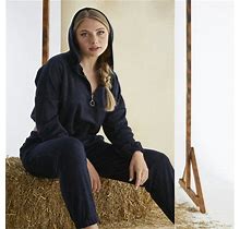 Womens Junior Cotton Black Tracksuit 2 Piece Cute Crop Sweatshirt Hoodie Long Pants Loungewear Pj Set - L
