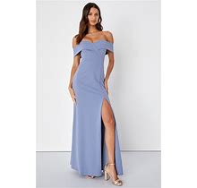 Blue Grey Off-The-Shoulder Maxi Dress | Womens | Small | 100% Polyester | Lulus | Blue Dresses | Prom Dresses | Some Stretch
