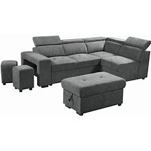 Lilola Home - Henrik Light Gray Sleeper Sectional Sofa With Storage Ottoman And 2 Stools - 89135