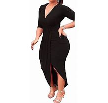 AM CLOTHES Club Dresses For Women Long Sleeve Date Night Dresses Bodycon Asymmetrical Hem Midi Dress Black S