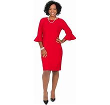 Kasper Dress Womens Red Zippered Ruffled Cuffs Lined 3/4 Sleeve Round Neck Above The Knee Wear To Work Sheath Dress 6