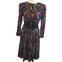 Vintage 80S Dark Floral Midi Dress Longsleeve Smocked Black Purple Medium