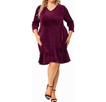 Agnes Orinda Women's Plus Size Dress Party V Neck 3/4 Sleeve Ruffle Fishtail Velvet Dresses 2023