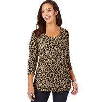 Plus Size Women's Stretch Cotton Scoop Neck Tee By Jessica London In Natural Bold Leopard (Size 12) 3/4 Sleeve Shirt