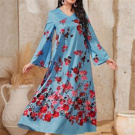 Floral Print Dress, Women's Elegant Flared Women's Clothing Long Sleeve Dress,Sky Blue,Must-Have,Temu
