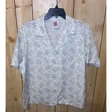 Haband Women's Size Large White W/Green Floral Shirt Button Up S/S Top