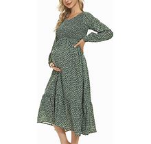 Guruixu V Neck Floral Maternity Dress For Photoshoot Baby Shower, Flutter Sleeve Fall Boho Causal Smocked Pregnancy Dress