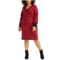 Rachel Rachel ROY Womens Red Patterned Long Sleeve V Neck Below The Knee Fit + Flare Dress Plus 2X