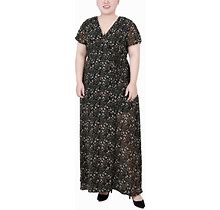 Ny Collection Plus Size Short Sleeve Tie Closure Wrap Chiffon Maxi Dress - Black Ditsy Floral