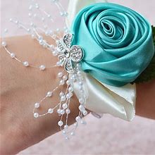 MOJUN Bridal Bridesmaid Wedding Wrist Corsage Hand Flower For Wedding, Party, Prom, Pack Of 2, Turquoise