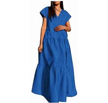 Gzea Petite Dresses For Women Women Casual Summer Dress Solid V Neck Long Dress Elegant Shirt Dress Blue,M