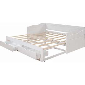 White Twin Daybed With Trundle, Extendable Daybed Twin To King With Two Drawers, Wooden Sofa Bed Frame For Living Room