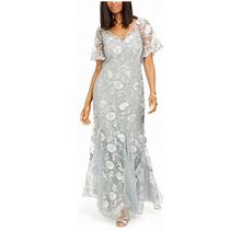 Alex Evenings Petite Womens Gray Embroidered Zippered Floral Flutter Sleeve V Neck Full-Length Evening Gown Dress Petites 8P