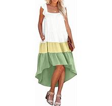 Canrulo Women Summer Maxi Dresses Ruffle Sleeveless Square Collar Loose Beach Midi Dress With Pockets White Green L