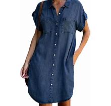 Yoeasy Women's Short Sleeve Denim Shirt Midi Dress Button Down Tunic Jean Dress With Pockets