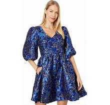 Lilly Pulitzer Calyssa 3/4 Sleeve Dress Women's Clothing Blue Grotto Twilight Floral Brocade : 0