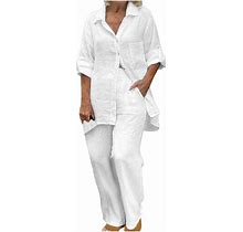 Lmdudan Women's Cotton Linen Two Piece Work Suits Summer Ladies Oversized Tops And Pants Sets Dressy Casual Solid Outfits