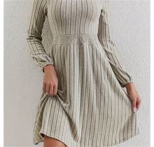 Solid Color Shirred Jersey Dress, Women's Crew Neck Casual Spring Fall Women's Clothing Long Sleeve Dress,Khaki,Must-Have,By Temu