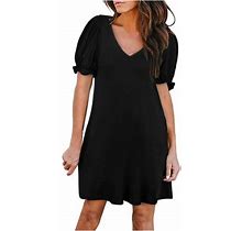 Stamzod Casual Dresses For Women Casual Summer Solid Color Short Sleeve Dress With Pocket Beach Dresses Clearance Black L