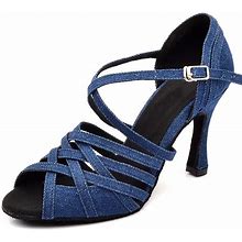 Women's Latin Shoes Dance Shoes Indoor Performance Chacha Practice High Heel Peep Toe Cross Strap Adults' Blue