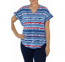 Ruby Rd Women's Petite Knit V-Neck Stripe Printed Top, Pm