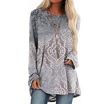 Women's Vintage Ethnic Print Long Sleeve Shirts Casual Loose Pullover T Shirts Tops Plus Size (H, Small)