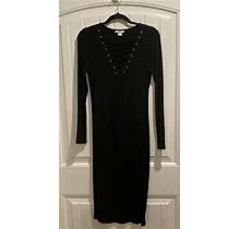 Bar 111 Womens Long Sleeves Lace-Up Black Knit Midi Dress Size M