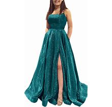 Prom Dresses Long A Line With Pockets Formal Evening Ball Gowns Side Slit Glitter Party Dress 2024